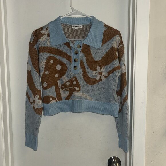 Derek Heart Blue Mushroom Button Pullover Retro Cropped Sweater Size Small - Picture 2 of 7